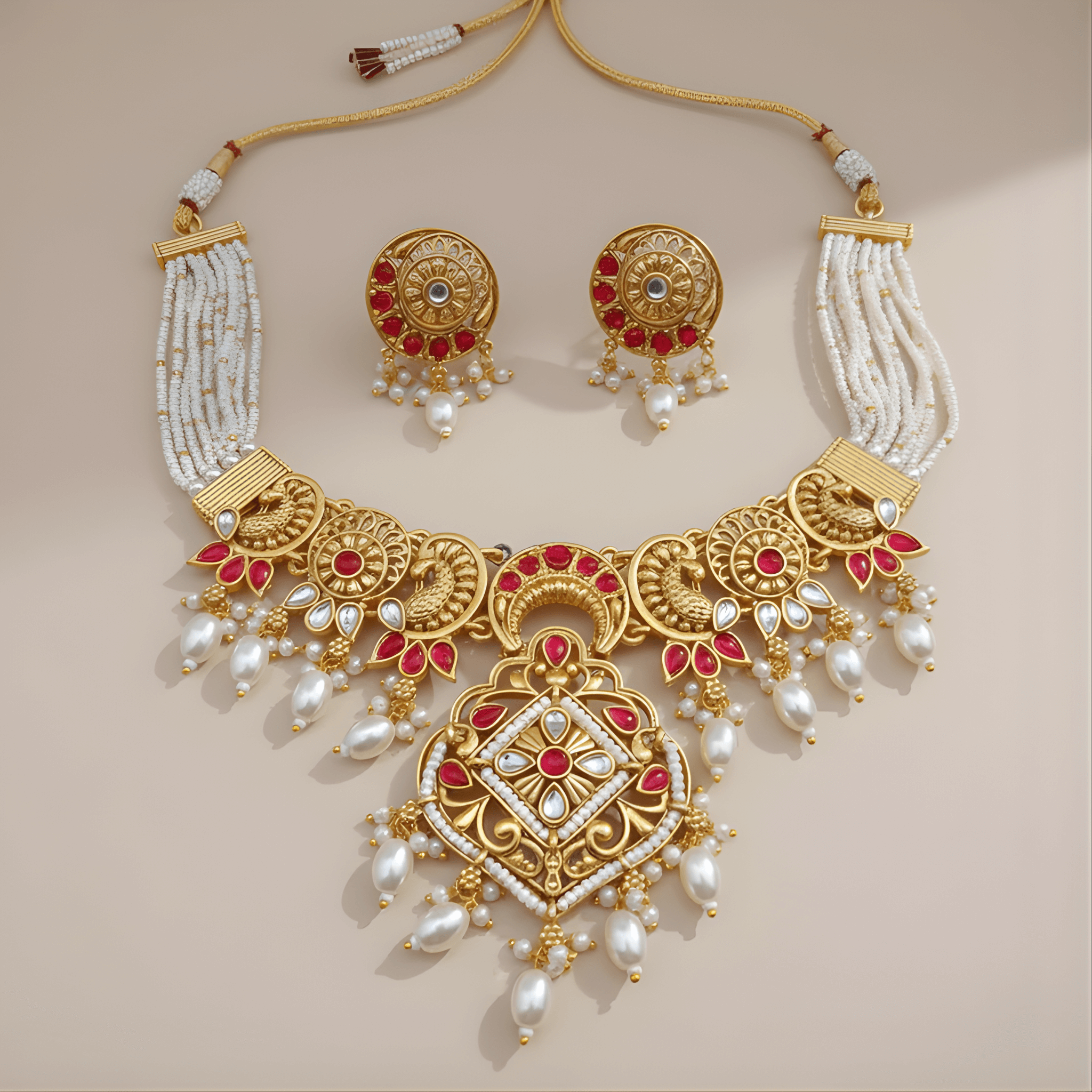 Gold necklace with red and white stones on a beige background