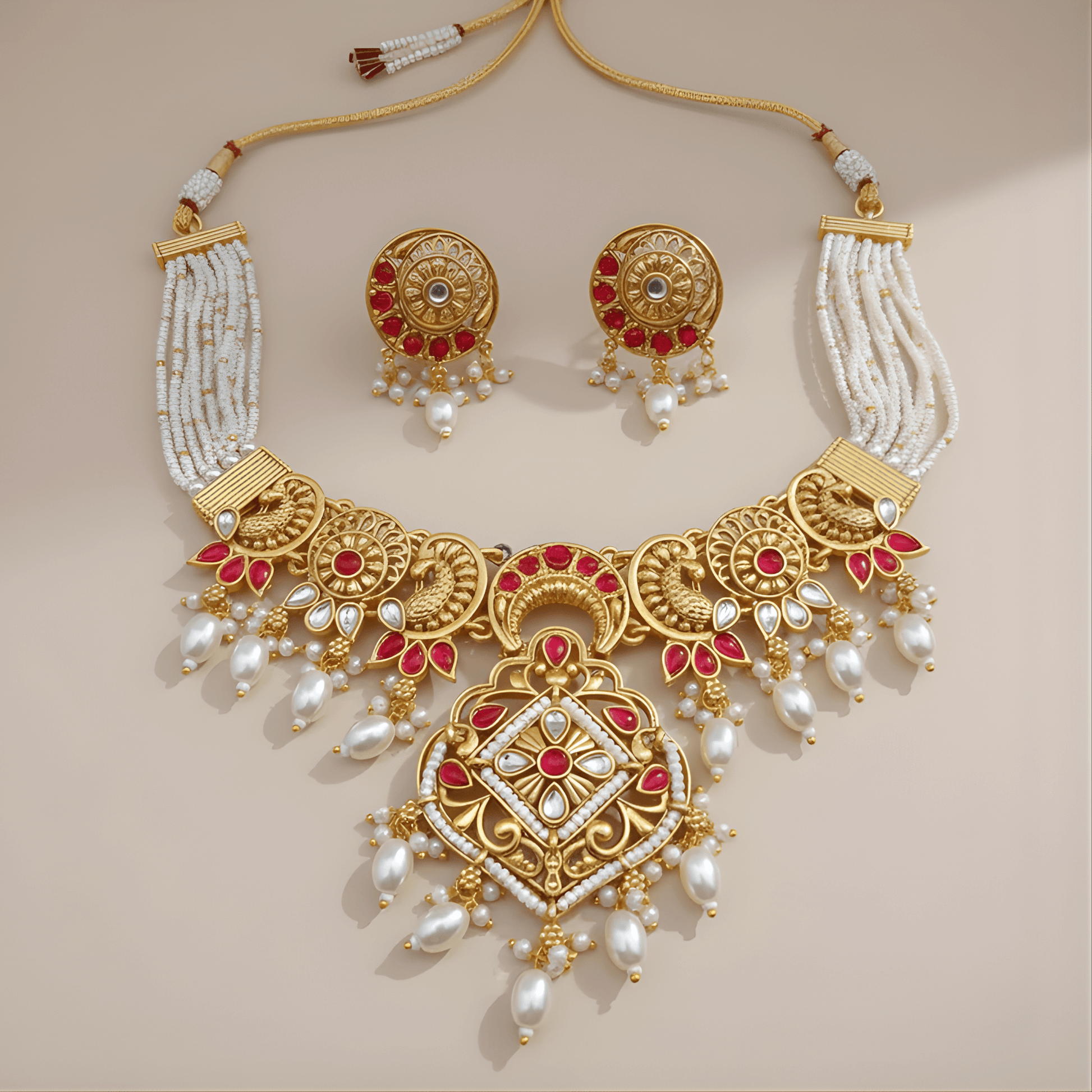 Gold necklace with red and white stones on a beige background