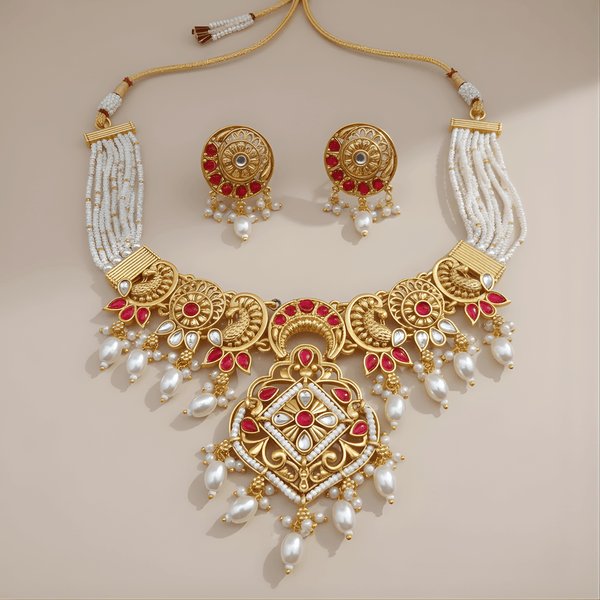 Gold necklace with red and white stones on a beige background