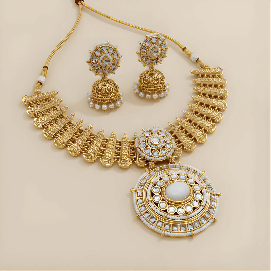 Gold necklace and earrings set on a beige background