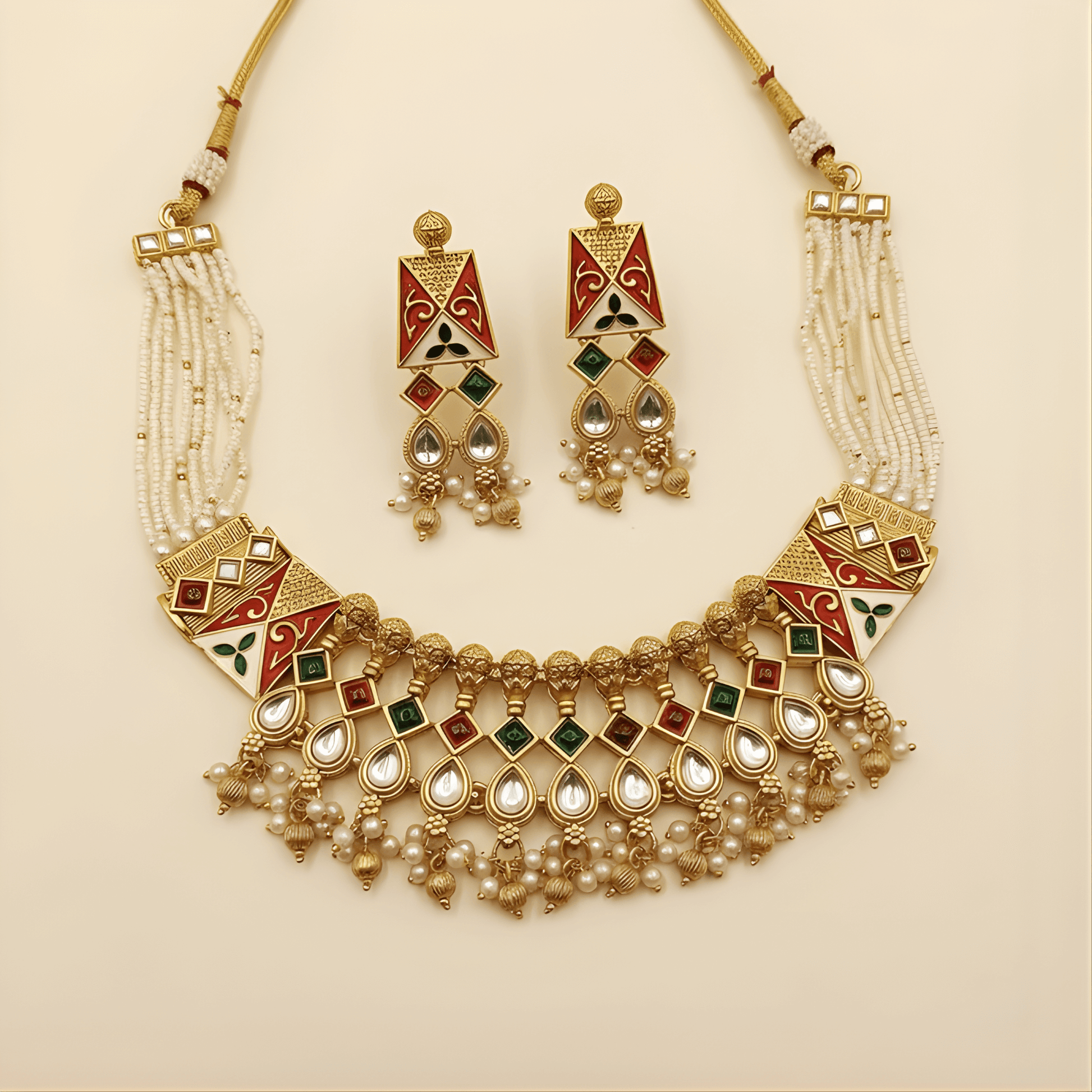 Ornate necklace and earrings set on a beige background