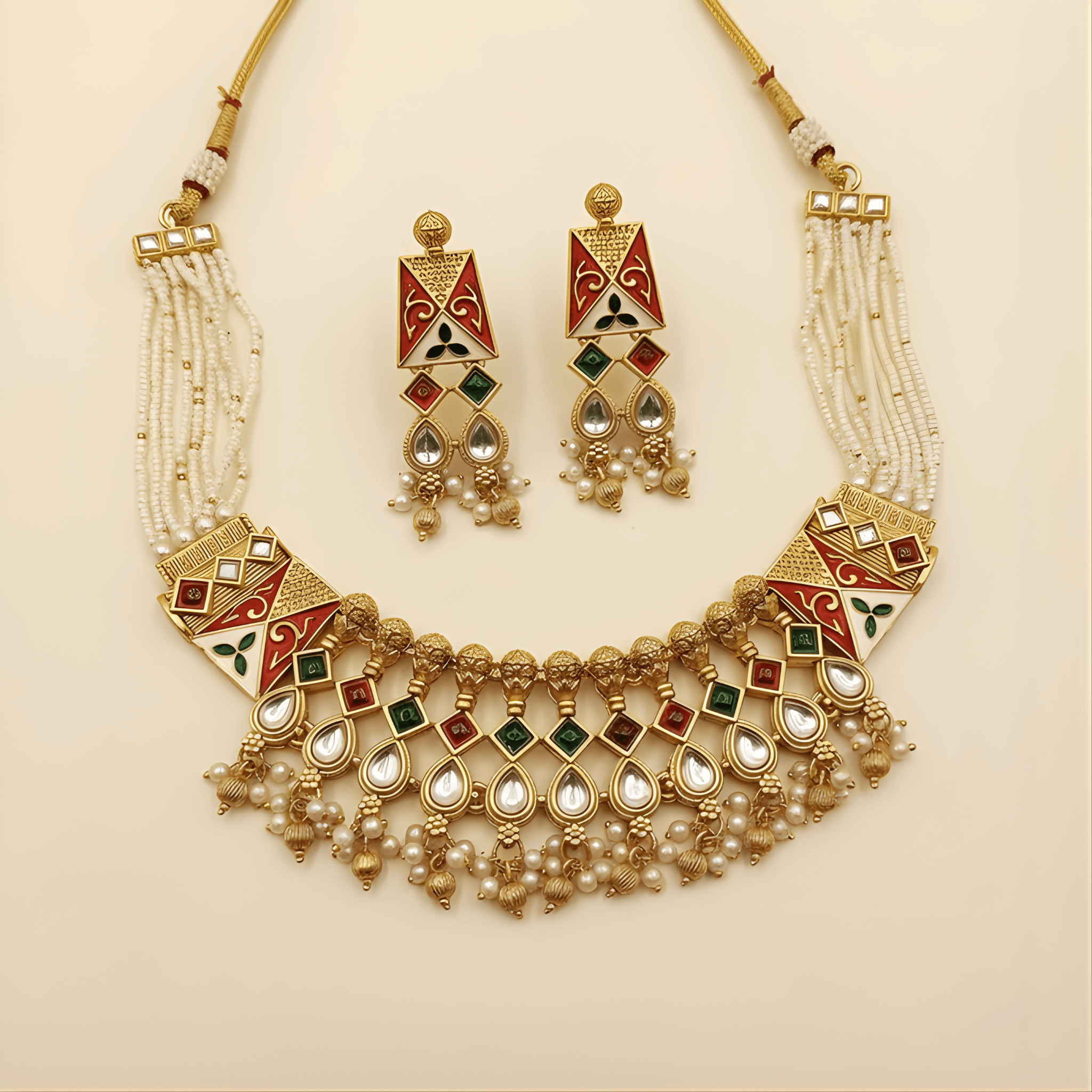 Ornate necklace and earrings set on a beige background