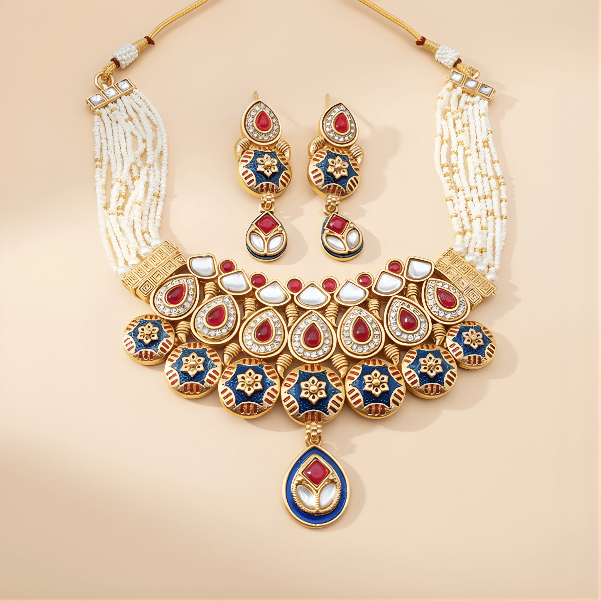 Ornate necklace and earrings set with gold, blue, and red stones on a beige background