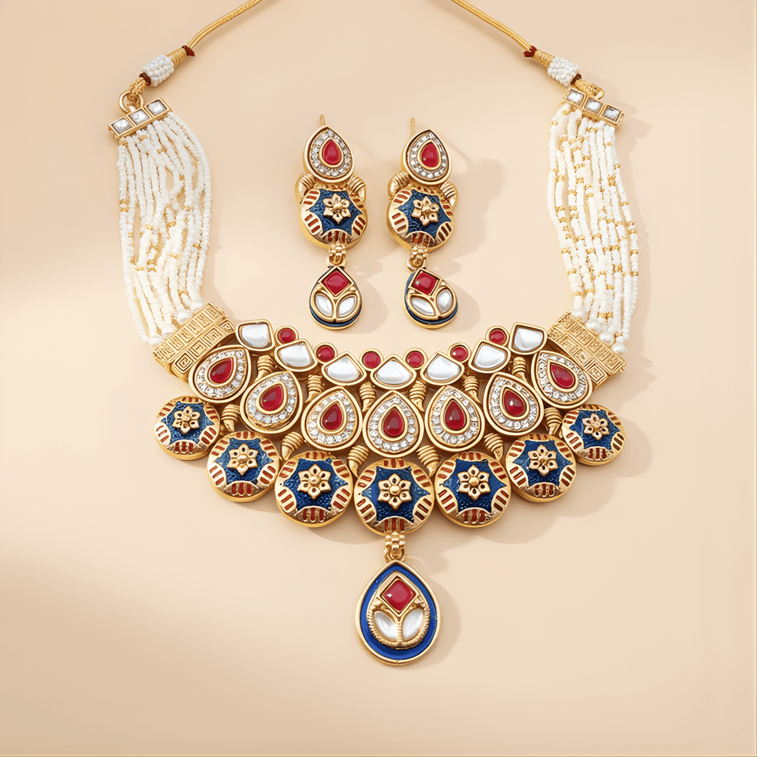 Ornate necklace and earrings set with gold, blue, and red stones on a beige background