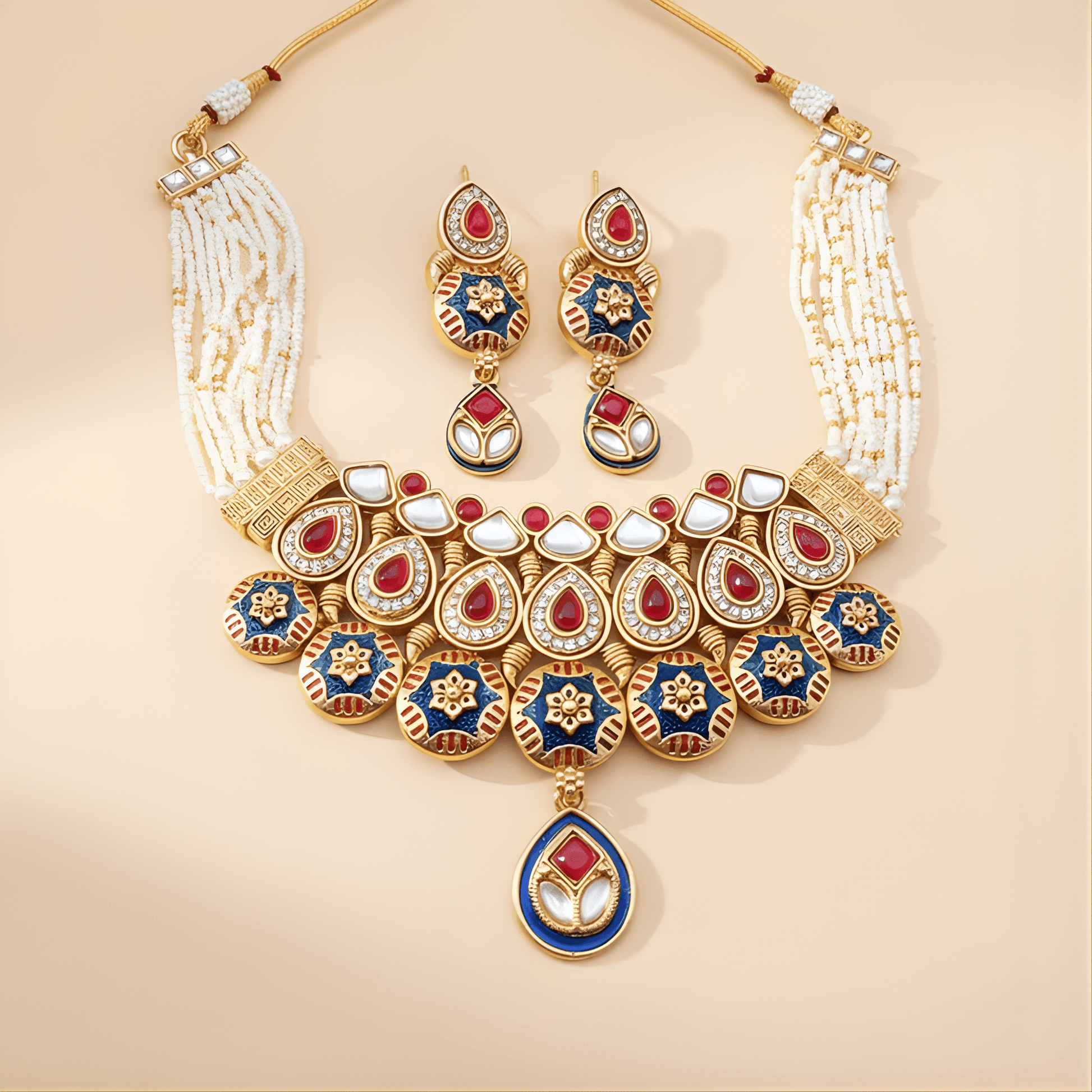 Ornate necklace and earrings set with gold, blue, and red stones on a beige background