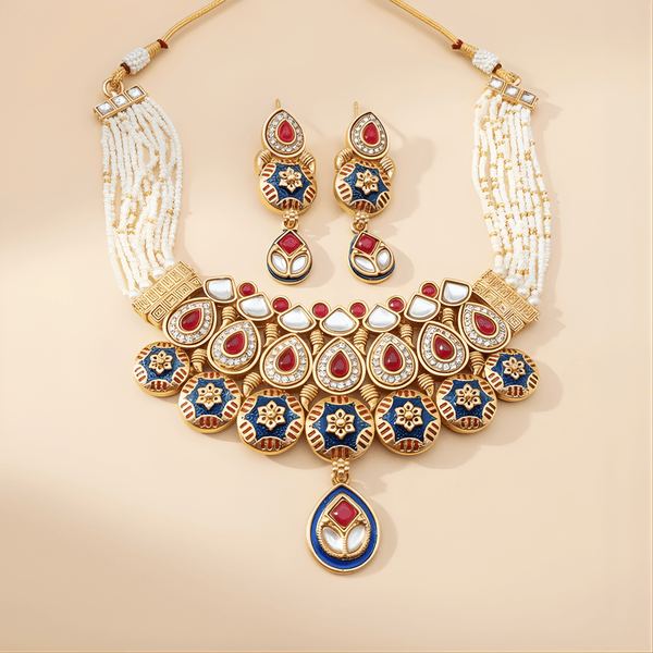 Ornate necklace and earrings set with gold, blue, and red stones on a beige background