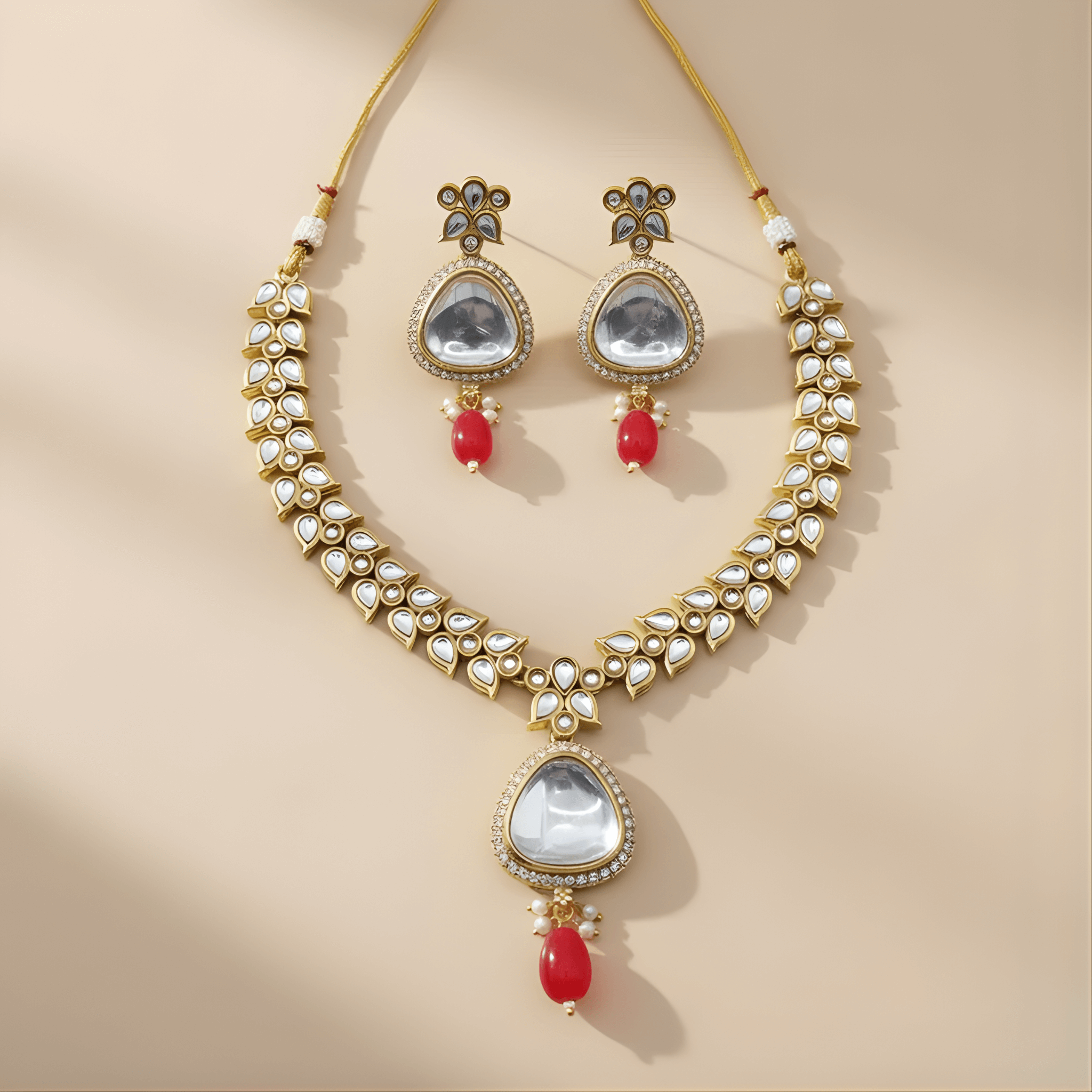 Jewelry set with necklace and earrings on a beige background